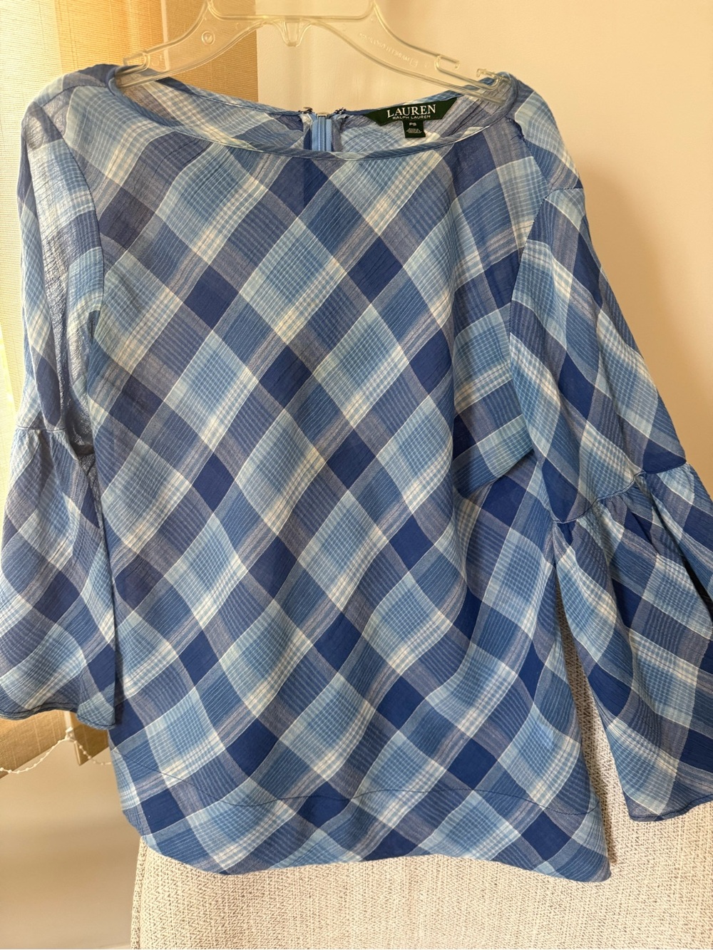 Lauren Ralph Lauren Blue Plaid Bell-Sleeve Top